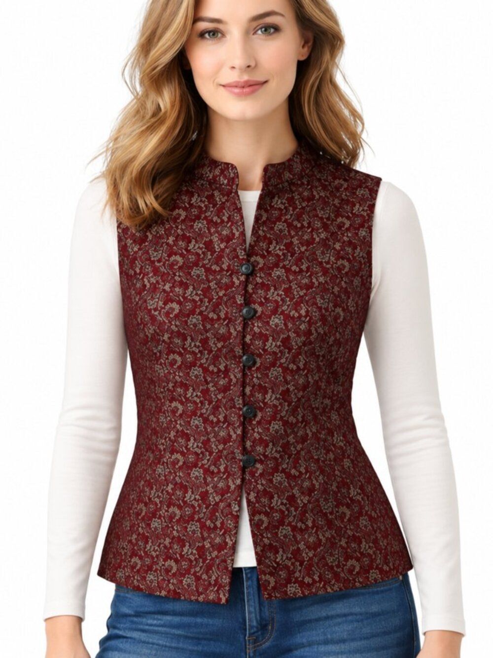 Vintage 1990s Casual Corner Burgundy Brocade Wool Blend Vest Size 10